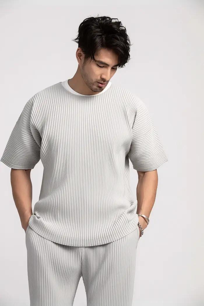 T-shirt à manches courtes et col rond pour homme, haut de sport, fin, respirant, solide, plissé, été