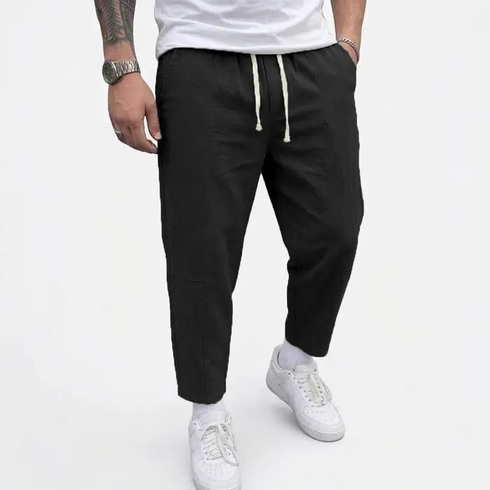 Pantalon en lin pour homme, couleur unie, décontracté, respirant, ample, pour le sport, la plage, lé