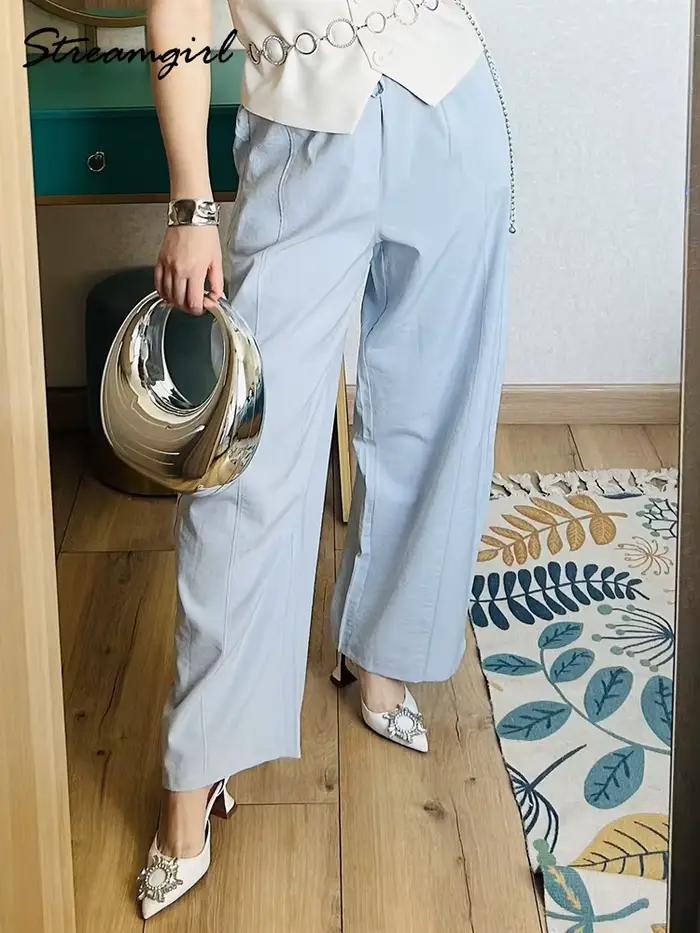 Pantalon d'été en coton pour femmes, coupe large, bleu, avec bande élastique, jambe droite, blanc, a