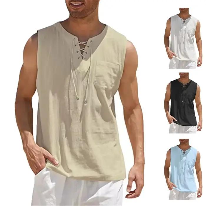Chemises en coton et lin pour hommes, chemises à lacets rétro, chemise à col en V, précieux, chemise