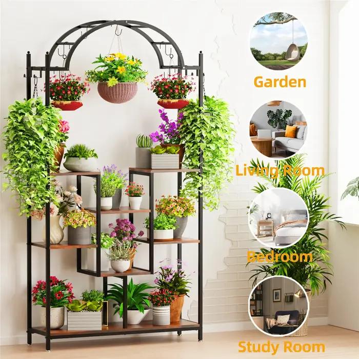 Grand support pour plantes d'intérieur à 5 niveaux, étagère à fleurs en métal arqué avec crochets de