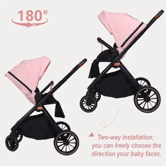 Poussette multifonctionnelle rose pour bébé, système de voyage, cadre léger pliable gris avec siège