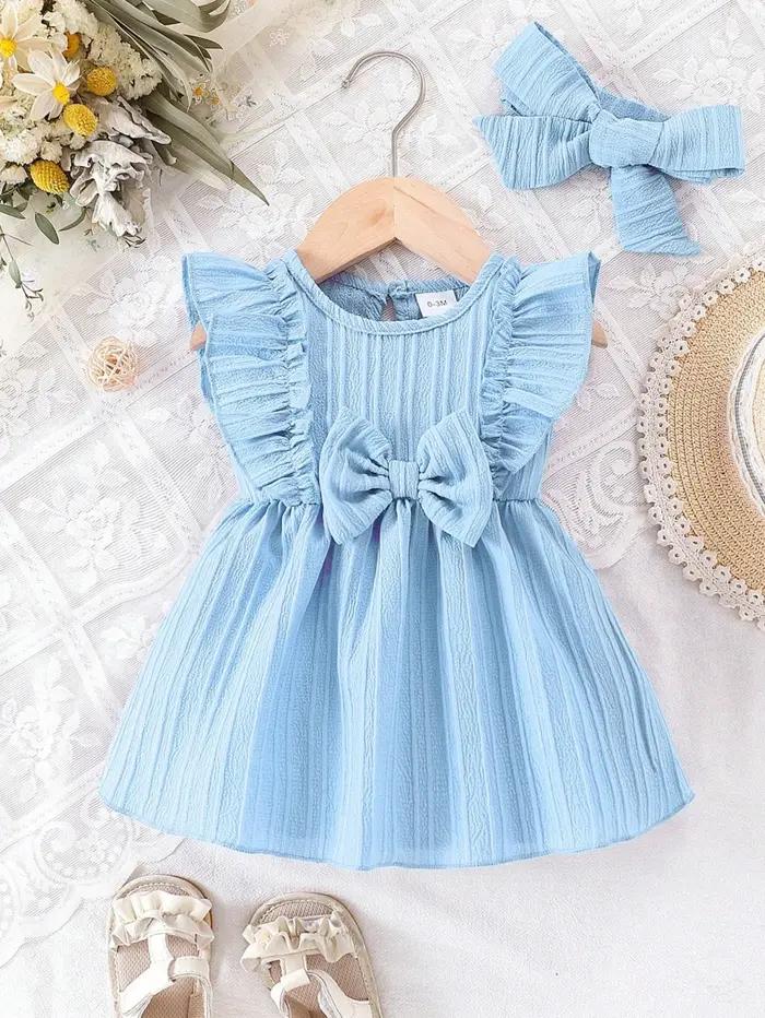 Robe d'été bleue pour bébé fille, avec bords à volants et nœud, robe de Style doux et mignon, adapté
