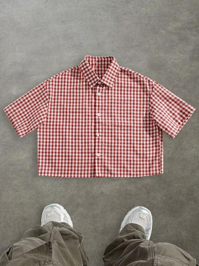 Chemise à manches courtes confortable et décontractée à carreaux de style collégial pour hommes pour