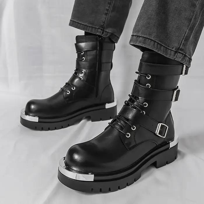 Bottes Chelsea pour hommes, couleur unie, semelle épaisse, hauteur augmentant, haut en métal, gros o