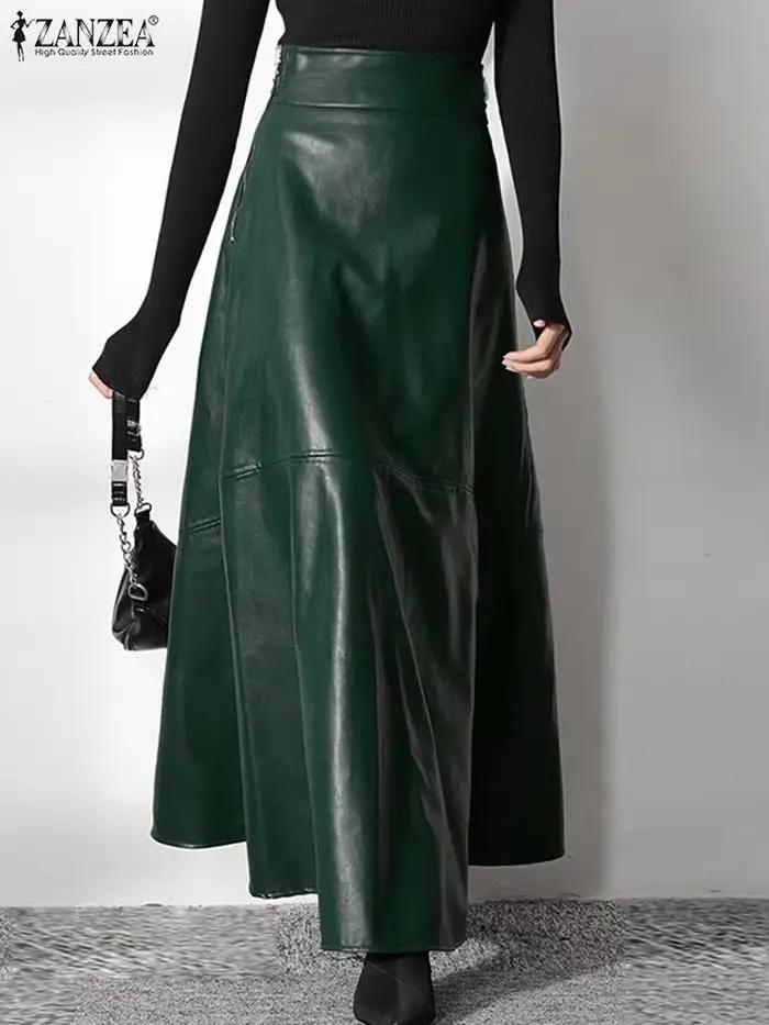ZANZEA-Jupe longue en cuir PU pour femme, couleur unie, élégante, décontractée, taille haute, fermet
