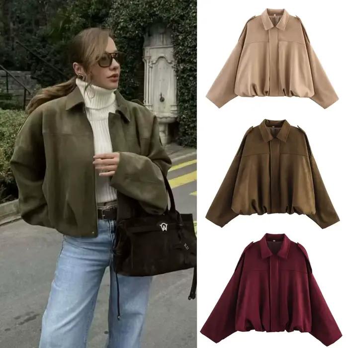 Blouson aviateur pour femme avec manches chauve-souris et fermeture éclair, haut décontracté