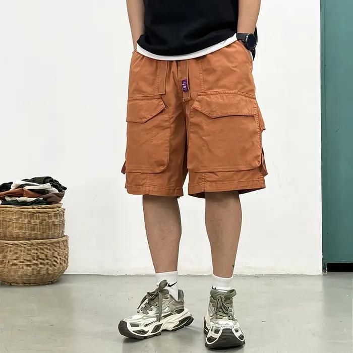 Short Cargo délavé de Style japonais pour hommes, Streetwear Vintage, Baggy, grandes poches, surdime