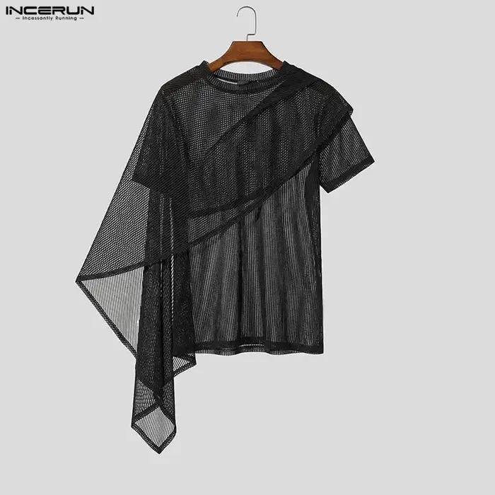 INCERUN T-shirts irréguliers pour hommes, rayés, en maille unie transparente, hauts pour hommes, châ