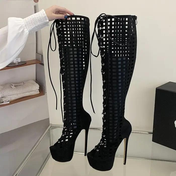 Eilyken Sexy Stiletto High Heels Peep Toe Hollow Out Knee-High Boots Women Design Lace-Up Shoes Summ