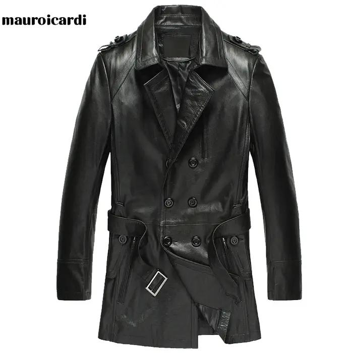 Mauroicardi-Manteau en Cuir PU Noir pour Femme, Manches sulf, Double Boutonnage, Élégant, Luxe, Styl