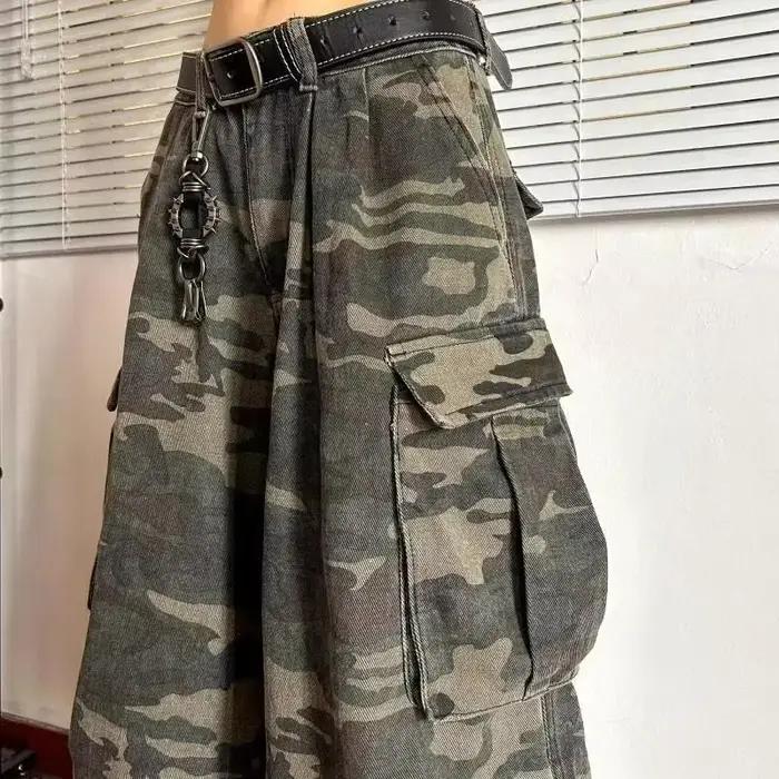 Style américain denim vintage couteau incurvé style pantalon court en détresse camouflage pantalon d