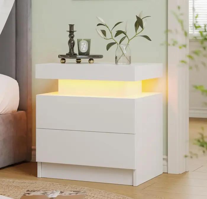 Table de chevet LED blanche, table de chevet moderne pour chambre à coucher avec 2 tiroirs en bois,