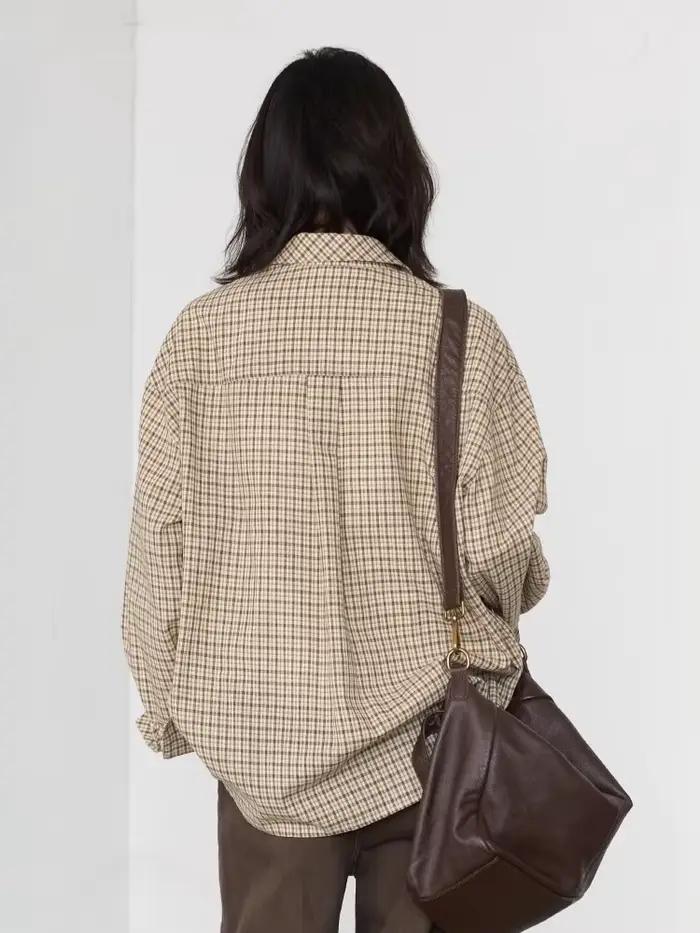 CHIC VEN femmes chemise ample décontracté simple boutonnage nouveau rétro contraste Plaid brodé Blou