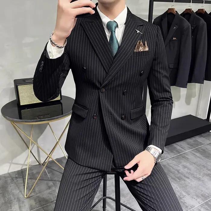 M-7XL ( Blazer + Pantalon) de luxe classique rayé hommes bureau officiel décontracté affaires double