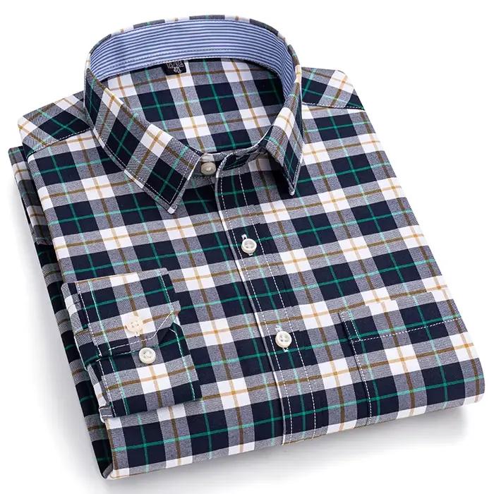 Chemises sociales pour hommes à manches longues 100% pur coton Oxford boutonné Plaid formel mâle vêt