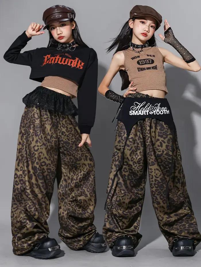 Vêtements de danse jazz pour enfants, tenue de scène Kpop pour filles, pantalon léopard, haut court