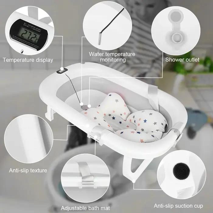 Baignoire bébé pliable avec thermomètre intégré - Coussin de bain confortable cadeau naissance