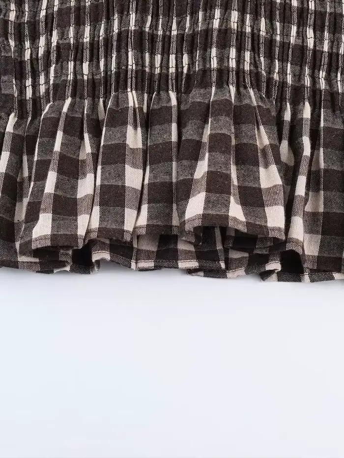 Nlzgmsj 2025 Vintage Chic marron chemises à carreaux femmes à manches longues Blouses pli mode décon