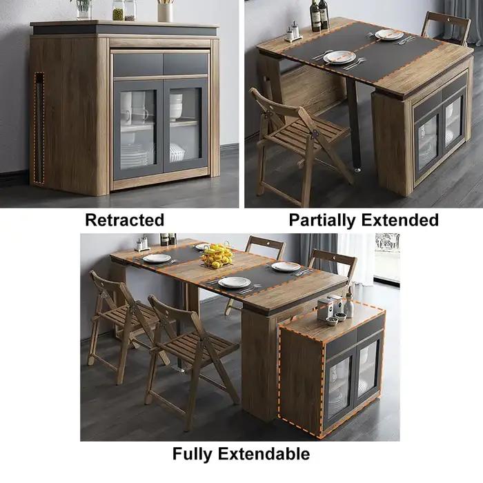 Table à manger extensible multifonctionnelle moderne, gain de place avec armoire de rangement