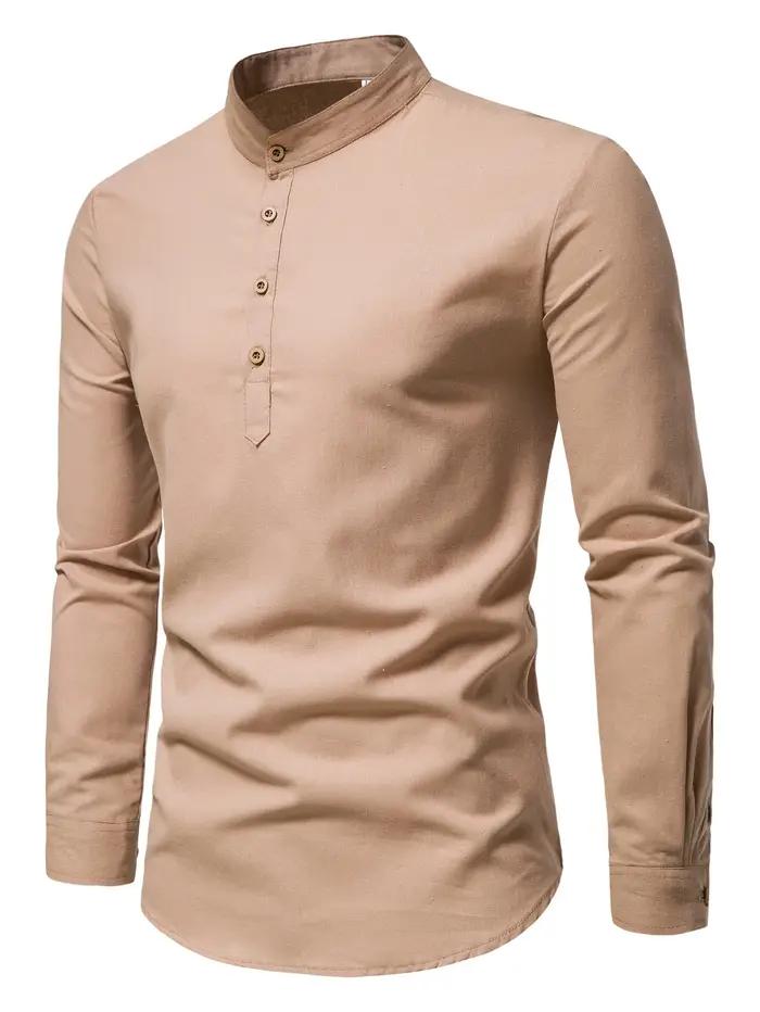Chemises de couleur unie en pur coton pour hommes, chemises élégantes à manches longues et col monta