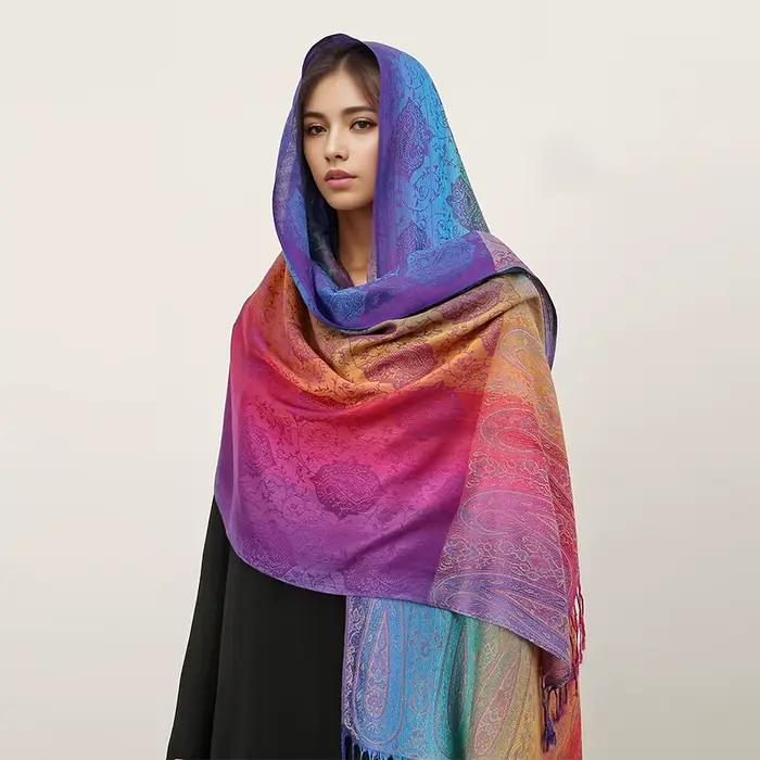 Couleurs arc-en-ciel hiver chaud épais Style ethnique Jacquard écharpe femmes voyage musulman Hijab
