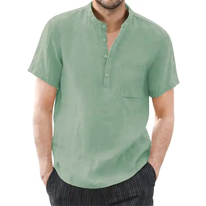 T-shirt à manches courtes pour hommes, en coton et lin, décontracté, couleur unie, chemise d'été, co