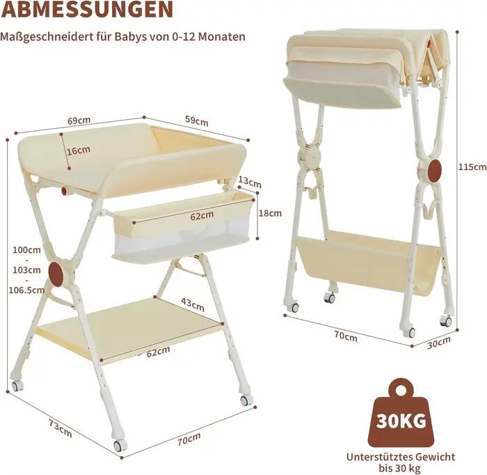 Table à langer bébé pliable et roulante avec panier de rangement et roulettes, hauteur réglable