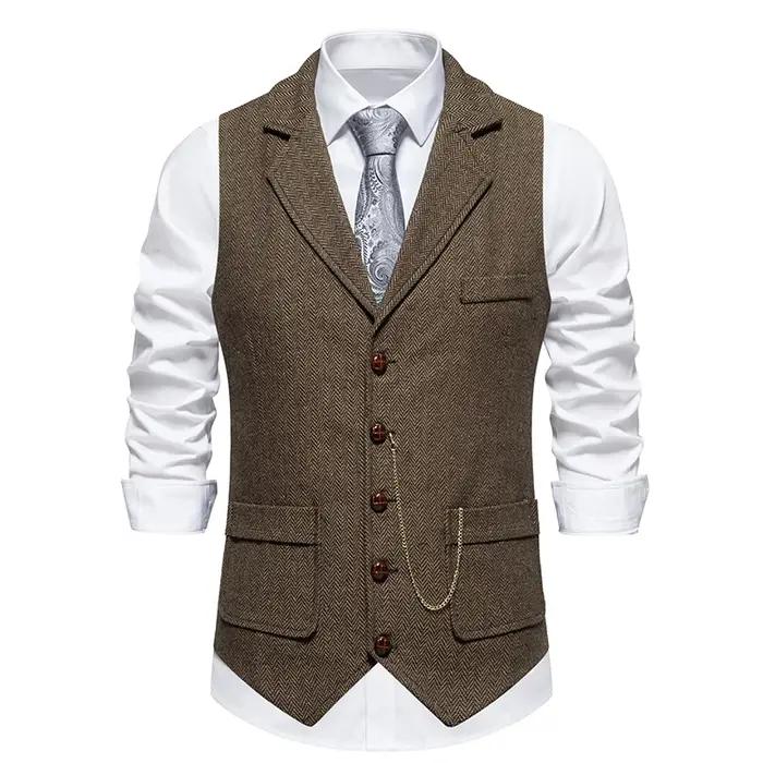 Gilet rétro à chaîne à revers pour hommes, mode chevrons, poches en Tweed grossier, gilet de costume