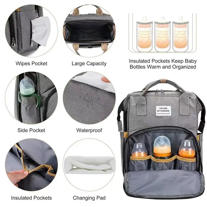 Sac à couches de lit pliable avec station à langer, poche isolée et grande capacité, sac multifoncti