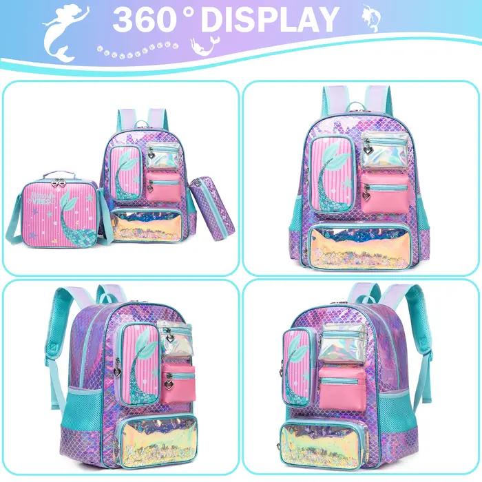 Meetbelify-Sac à dos sirène pour filles, cartable pour filles, sac à lunch et sac à main pour élèves