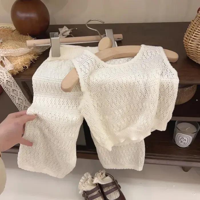 Ensemble été fille 2024 en tricot coréen fin - Gilet ajouré respirant et pantalon large élégant