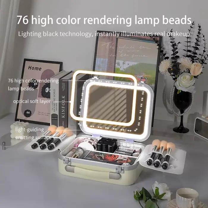 Boîte de rangement de maquillage portable avec lumière LED et miroir – Étui de train cosmétique adap