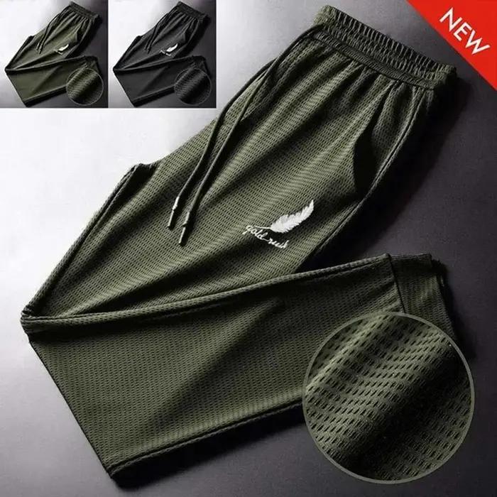 Pantalon en soie glacée ajouré pour hommes, maille respirante, décontractée, fine, à séchage rapide,