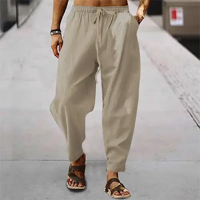2025 hommes coton lin pantalon été et automne solide taille haute pantalon à jambes larges mâle lâch