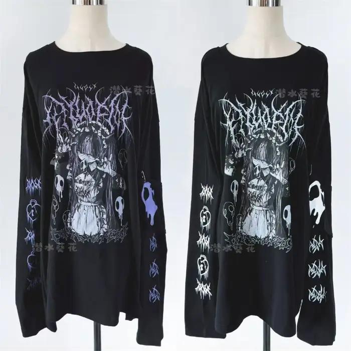 T-shirt à manches longues noir col rond Y2K, imprimé anime subculture japonaise, nouvelle collection