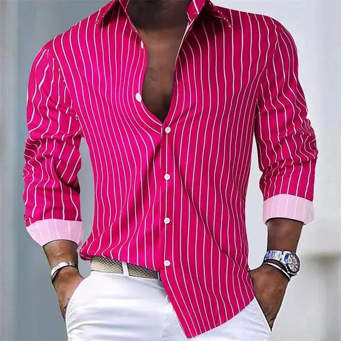 Chemise ample à rayures pour hommes, 16 couleurs, décontractée, respirante, bouton à revers, manches