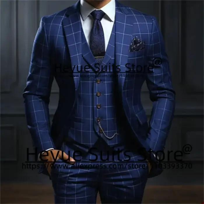 Costumes personnalisés à carreaux bleu marine pour hommes, blazer d'affaires, coupe cintrée, revers