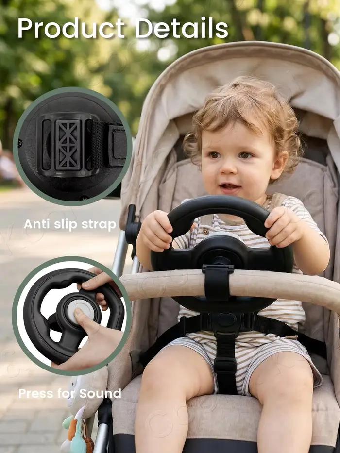 Volant de poussette avec klaxon amusant et rotation à 360 degrés pour calmer les enfants agités conception à fixation facile pour sorties quotidiennes et occasions spéciales