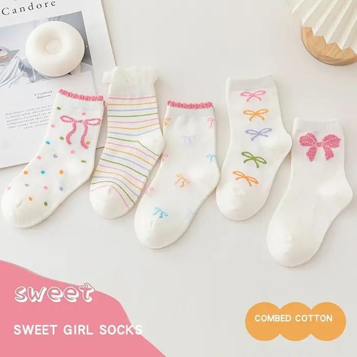 Chaussettes mi-mollet en coton peigné avec nœuds papillon pour enfants filles confortables et respirantes pour occasions spéciales