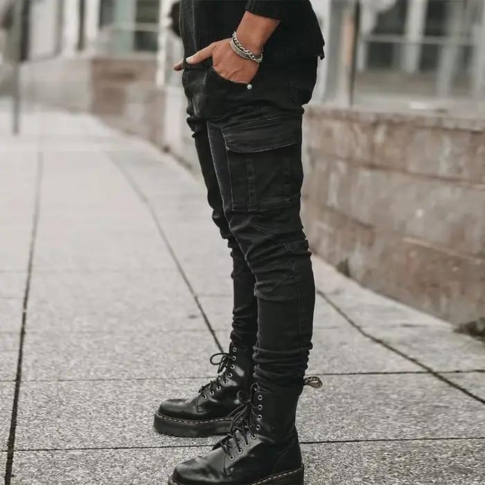 Jean élastique de rue pour hommes, pantalon Cargo en Denim, couleur unie, multi-poches, décontracté,