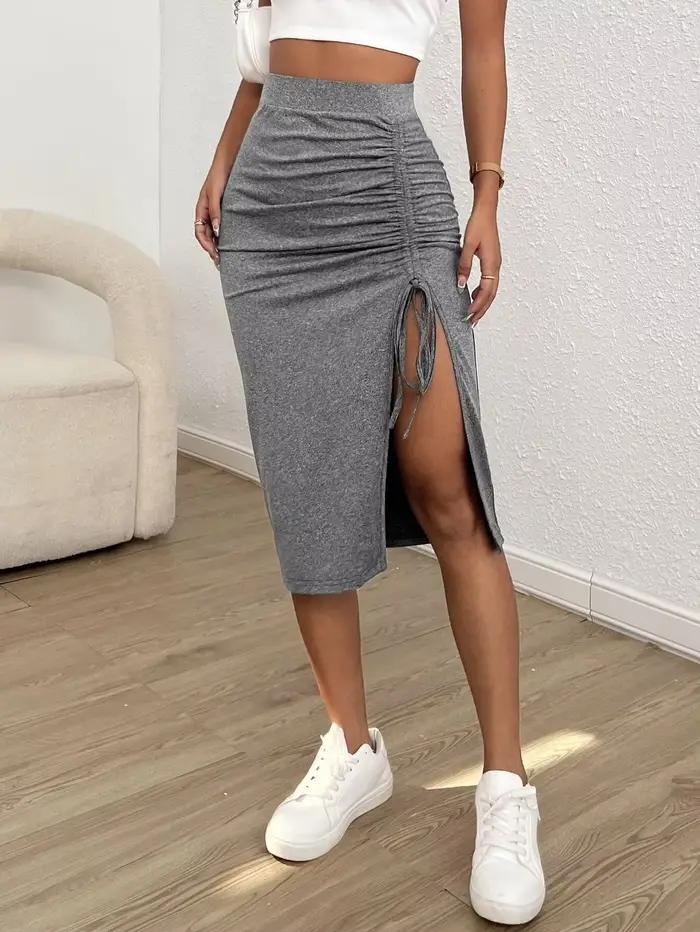 Femmes solide réglable cordon froncé fendu cuisse moulante jupe ajustée mode Chic filles jupe décont