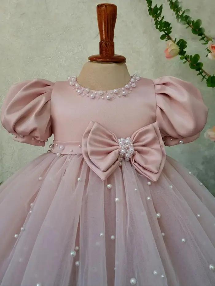 Robe rose à manches bouffantes et col rond pour fille, tenue de soirée de mariage, avec nœud brillan