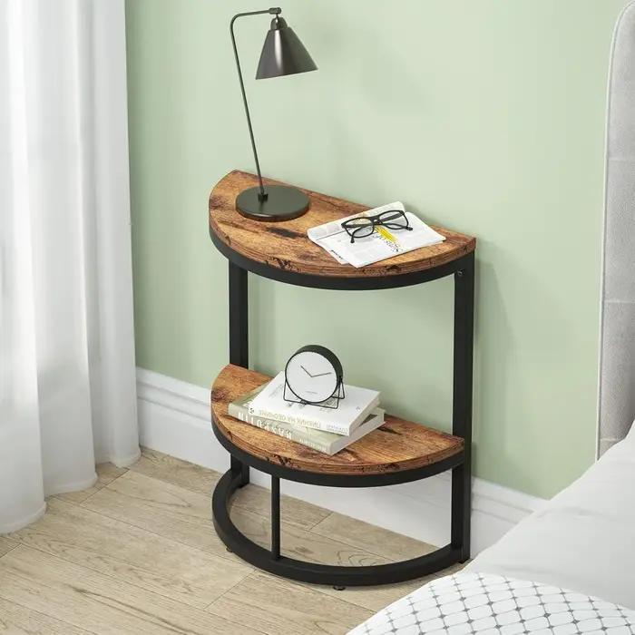 Table d'appoint semi-cercle à 2 niveaux, table d'appoint demi-ronde avec étagère de rangement, table