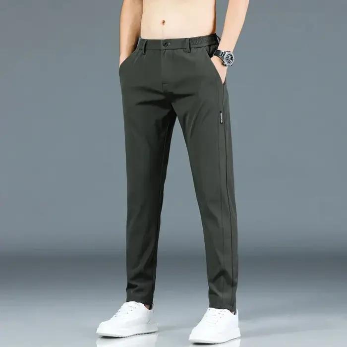 Pantalon fin en soie glacée pour hommes, extensible, décontracté, taille élastique, lisse, vêtements