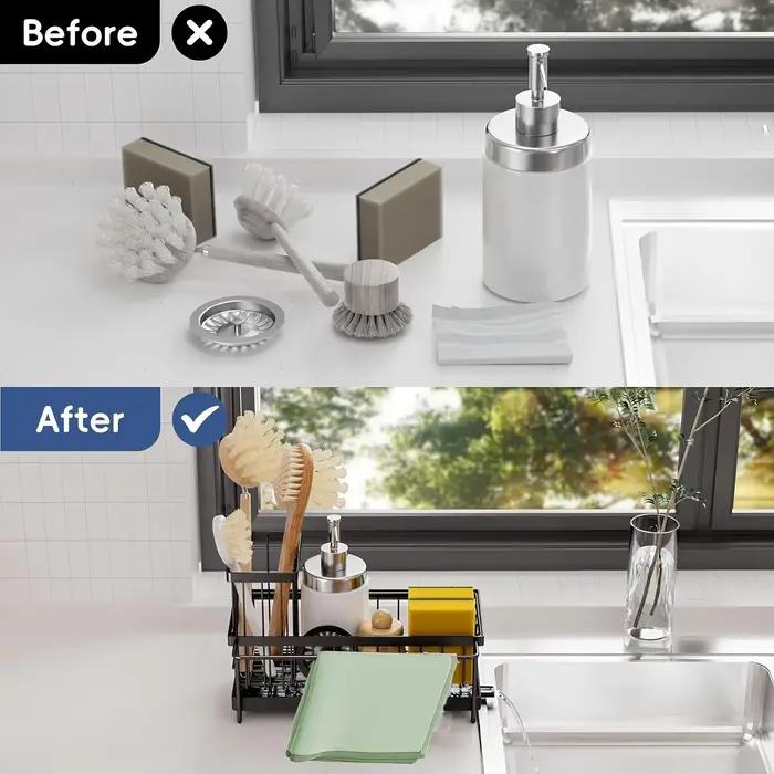 Porte-éponge pour évier de cuisine organisateur d'évier de cuisine à vidange automatique caddie d'évier avec porte-brosse amovible robuste et pratique pour cuisine familiale professionnelle ou camping