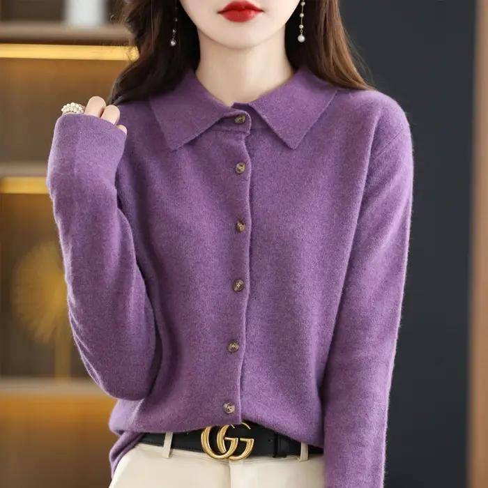 Cardigan tricoté à col POLO pour femmes, basique, polyvalent, veste en laine filée, élégant, pull à