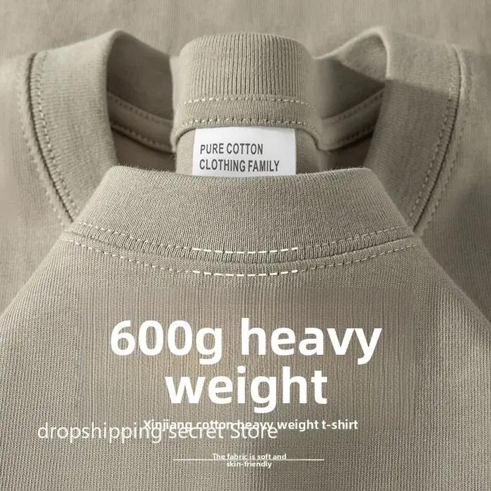 T-shirt en coton kaki épais 600G pour homme, style minimaliste, coupe ample décontractée, manches co