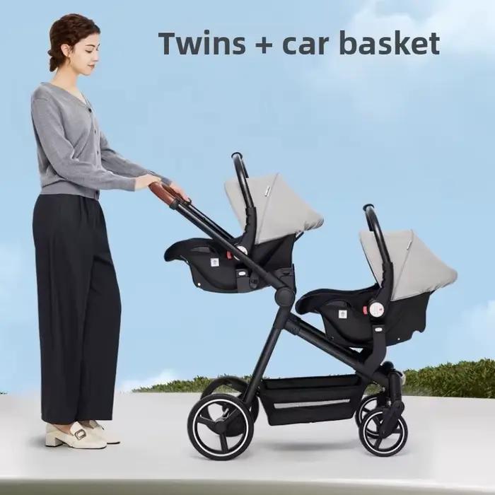 Poussette double légère avec deux nacelles et deux sièges, poussette double portable, poussette plia