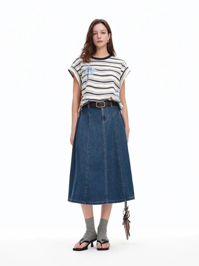 T-shirt DUSHU à manches raglan rayées imprimé océan et strass, col rond, coupe ample et confortable,